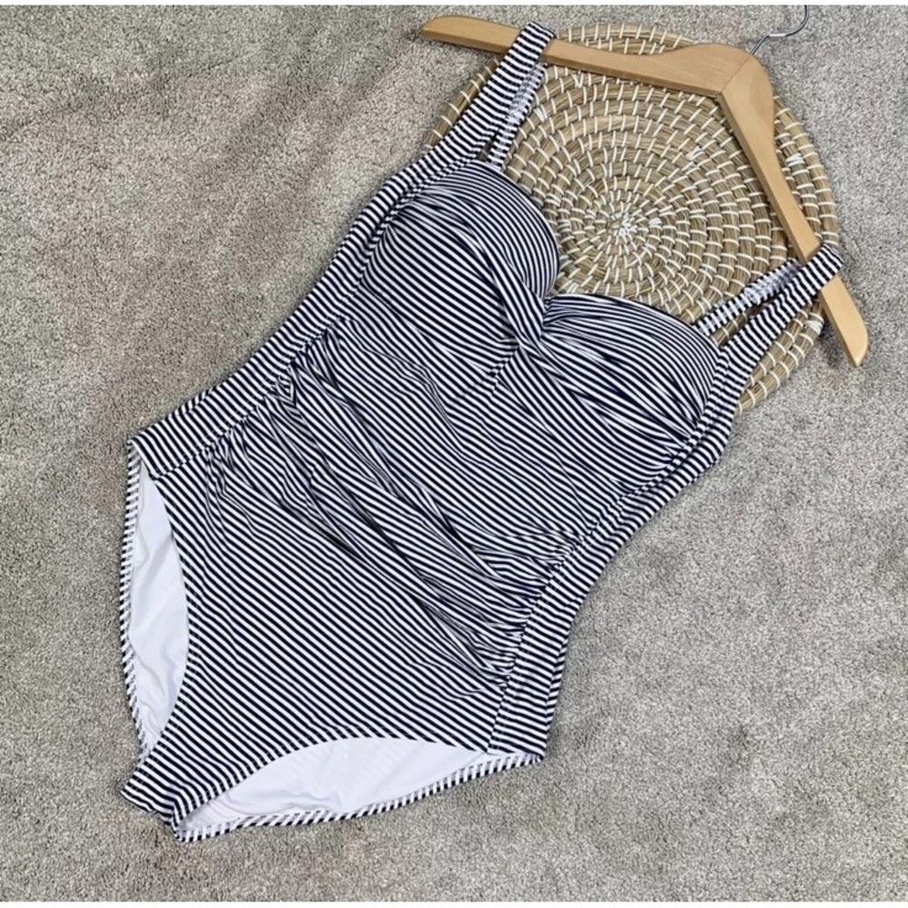 NWOT Bond Eye One Piece Swimsuit Joanne Navy Blue White Stripes Slimming US 10